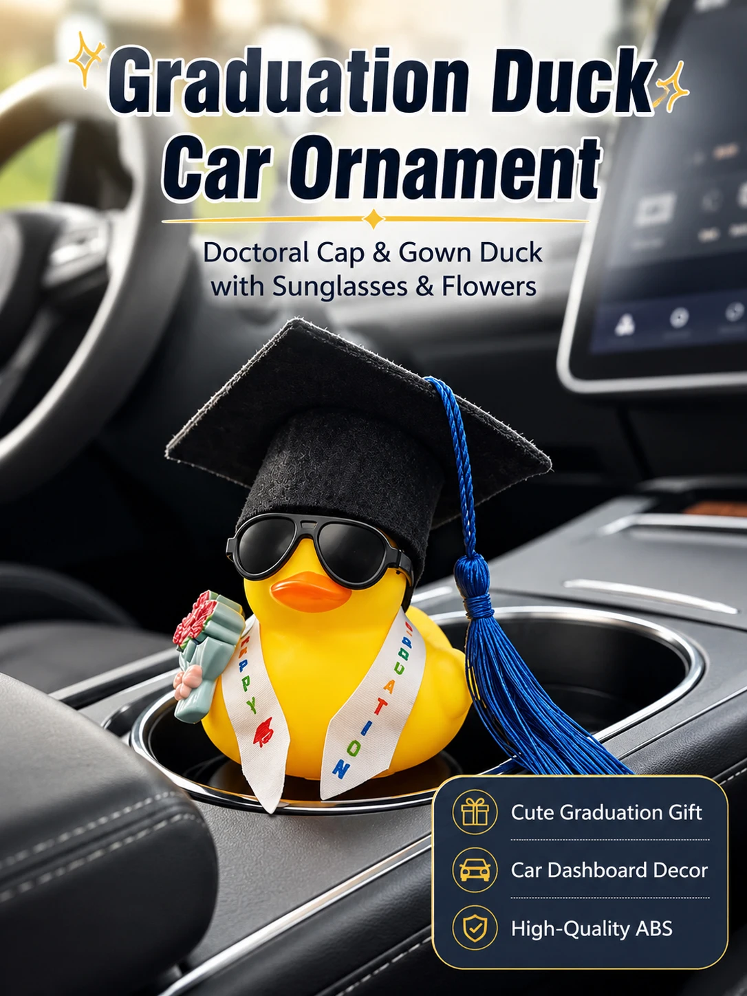 

Graduation Duck Car Ornament, Doctoral Cap & Gown Duck with Sunglasses & Flowers, Cute Graduation Gift, Car Dashboard Decor