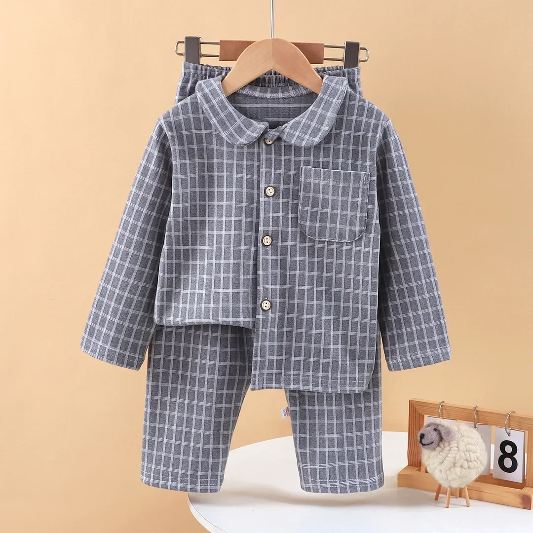 

New Boys Girls Autumn Pajamas Homewear Kids Casual Plaid Long Sleeve Lapel Shirt + Pants Pyjamas Youth Sleepwear Clothing Sets