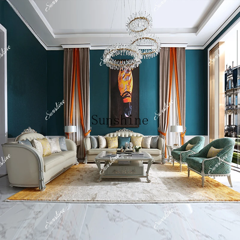 

High-end custom villa furniture French retro all-solid wood leather living room sofa EF3 FT