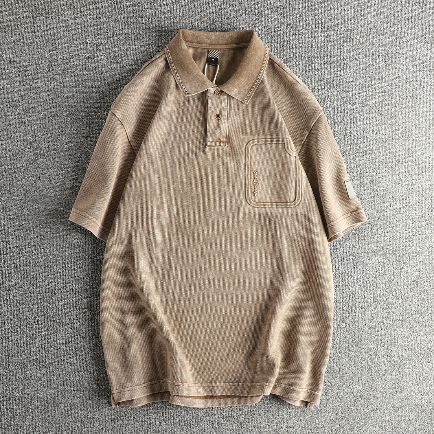New summer heavy-washed old retro men's polo shirt three-dimensional imprinting process loose trendy lapel short-sleeved T-shirt