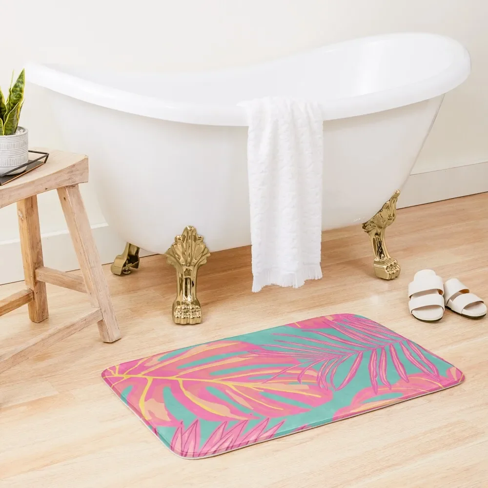 

Tropical Leaves in Pink and Turquoise Bath Mat Entrance Carpet Bathroom And Shower Products Carpet For Shower Kit Bathroom Mat