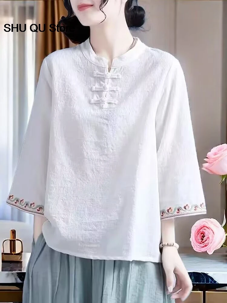 Koszulka damska w stylu chińskim, luźny top z nadrukiem na wiosnę i lato, orientalne ubrania damskie, chińskie bluzki dla kobiet, retro koszula z bawełny i lnu.