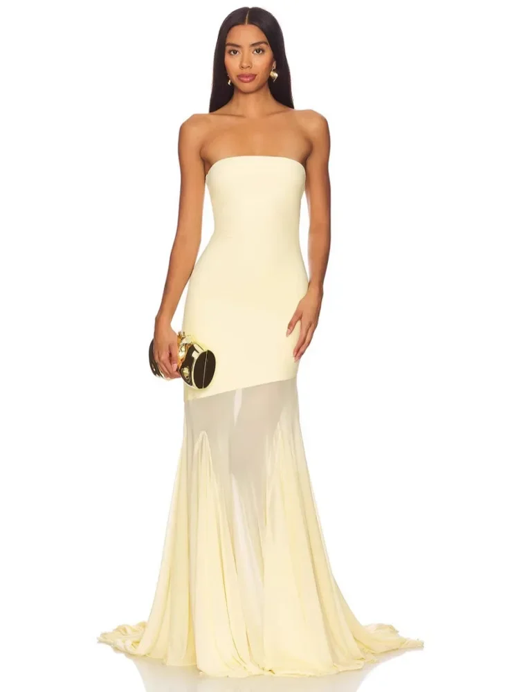 XIAOTANG Off-shoulder Strapless Sexy Maxi Dress Women Gown Fashion Elegant Mesh Sleeveless Backless Bodycon Club Party Dresses