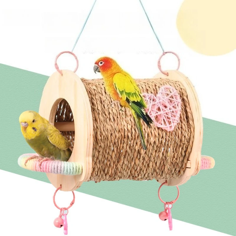 

Клетки для птиц из цельного дерева, подвесная соломенная клетка для попугаев, туннель, пион, попугаи, спящие птичьи гнездо, аксессуары для дома, принадлежности для попугаев