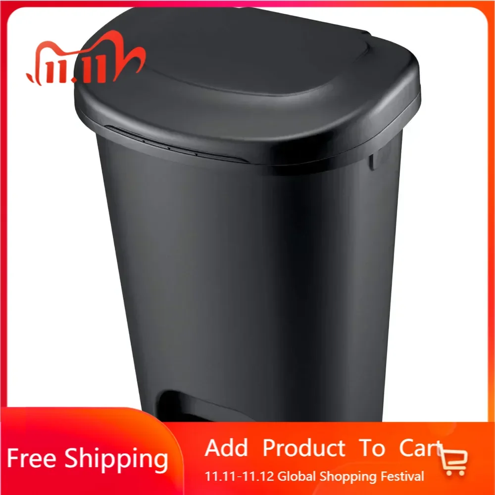 Trash Can Classic Step-On Trash Can with Lid, 13-Gallon, Black, Easy Clean Wastebasket for Home/ Kitchen/ Bedroom / Office