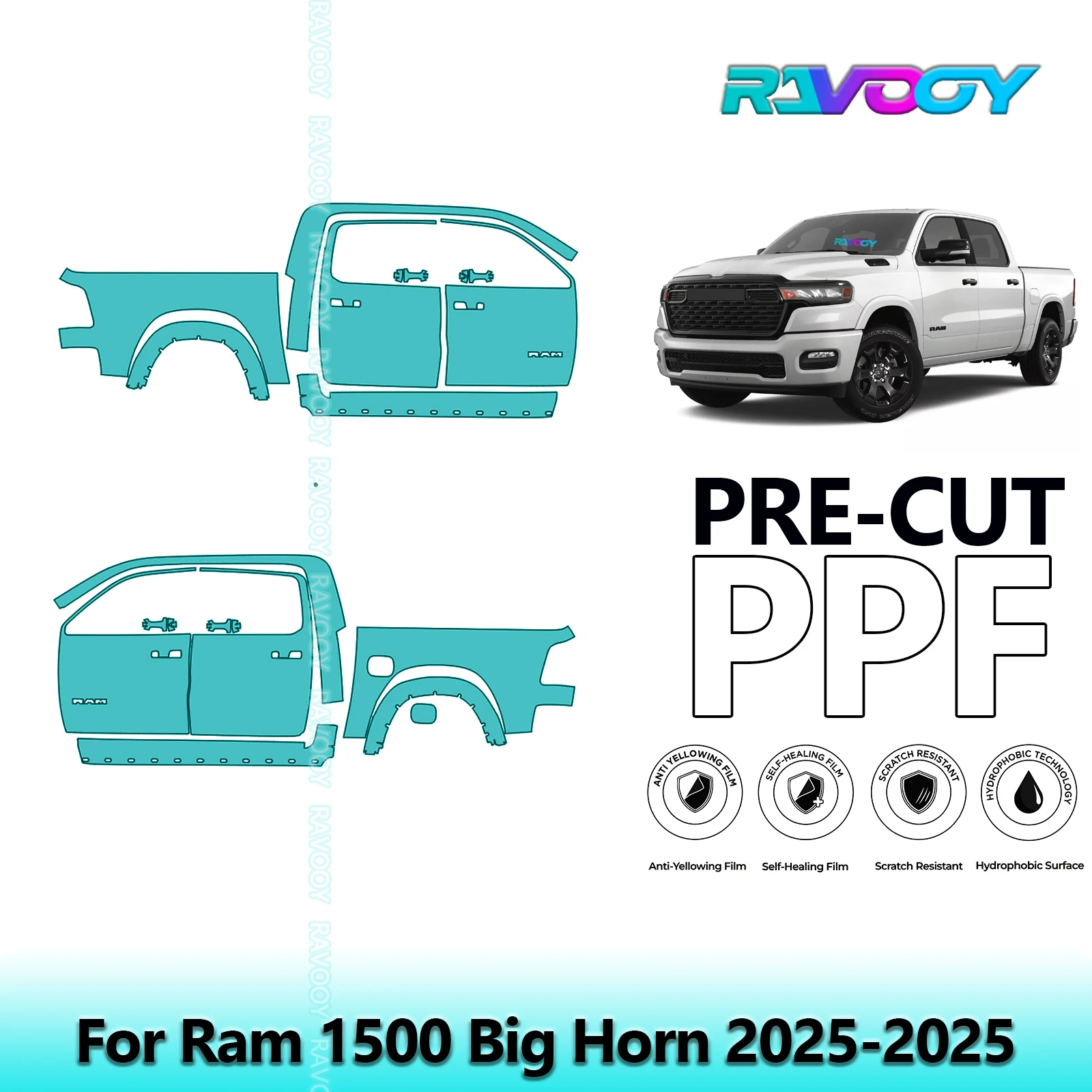 

For Ram 1500 Big Horn 2025-2025 8.5mil Clear Matte Pre-Cut PPF Door & A/B Pillar Kit TPU Paint Protection Film Set