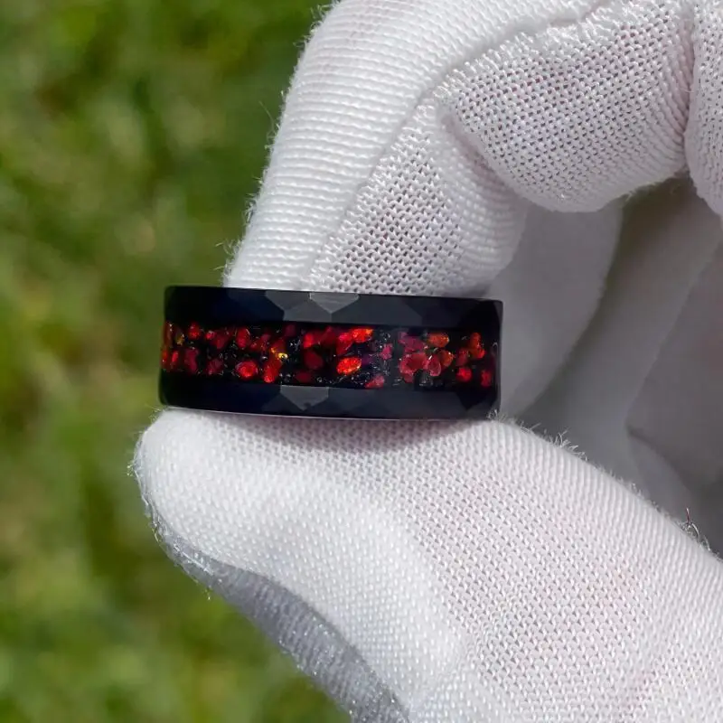 Diamond Shaped 8mm Red Fire Stainless Steel Ring Men Women's Black Background Red Fragments Wedding Ring Jewelry Surprise Gift - Image 4