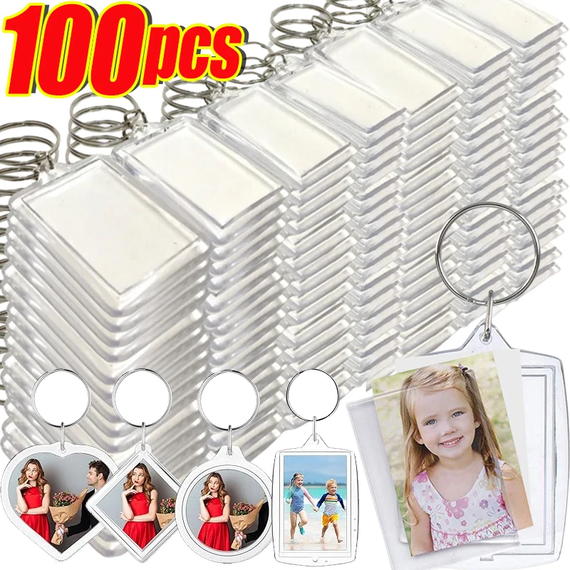 1/100pcs Blank Acrylic Picture Keychain DIY Clear Insert Photo Split Key Ring Frame Key Chains Anniversary Graduation Gift