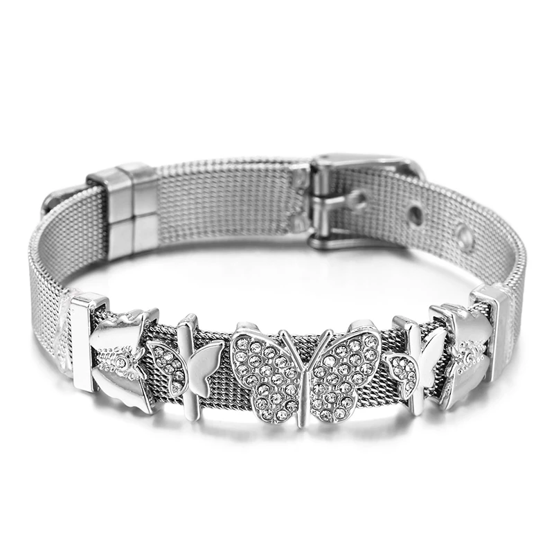 Stainless Steel Mesh Bracelets For Women Men Watch Chain Butterfly Charm Beads Brand Bracelet Bangles Best Couples Jewelry Gift