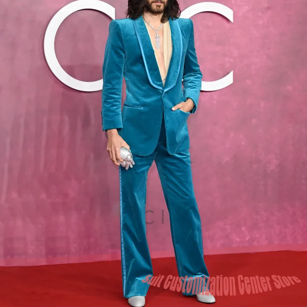 

Роскошный мужской бархатный костюм с шалью и лацканами с синей атласной отделкой, классический комплект из 2 предметов, формальный элегантный вечерний костюм для банкета и вечеринки