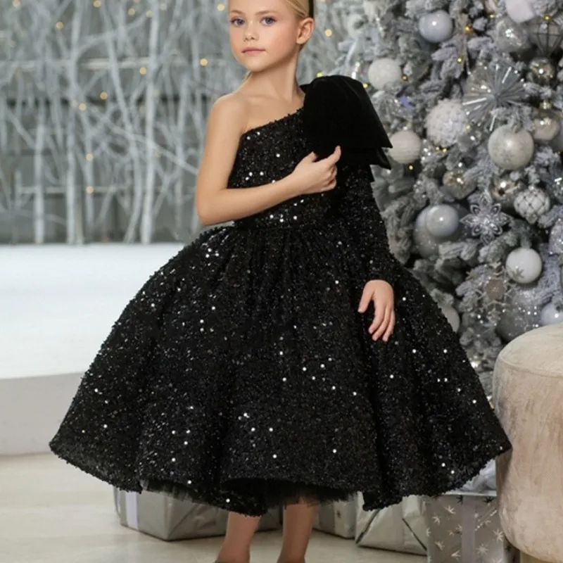 

Flower Girl Dress Luxury Glitter Sequined One Shoulder Black for Wedding Big Bow Puffy Princess Costumes First Communion