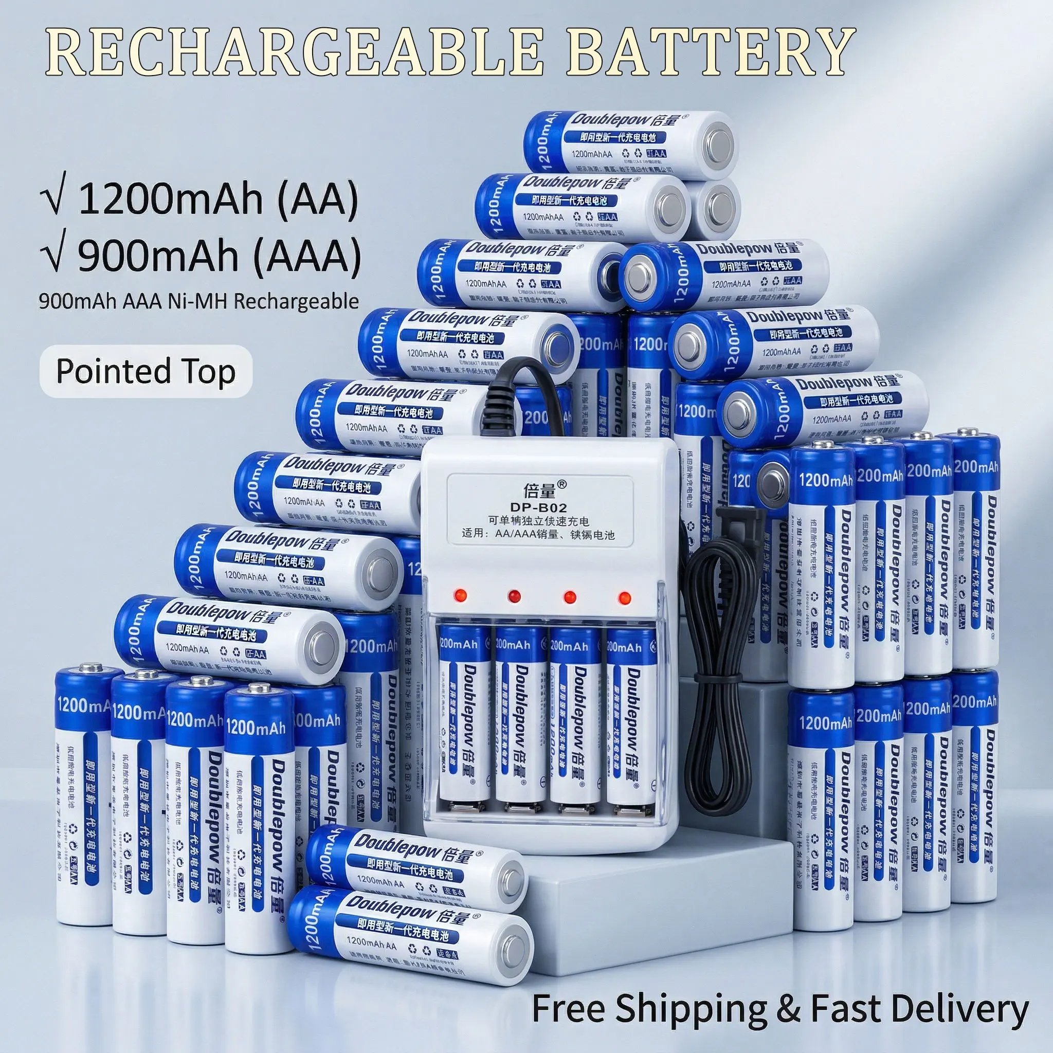 Ni-MH Rechargeable Battery & Charger Combo AA 1200mAh AAA 900mAh 1.2V for Alarm Clock Calculator Toys Remote Control