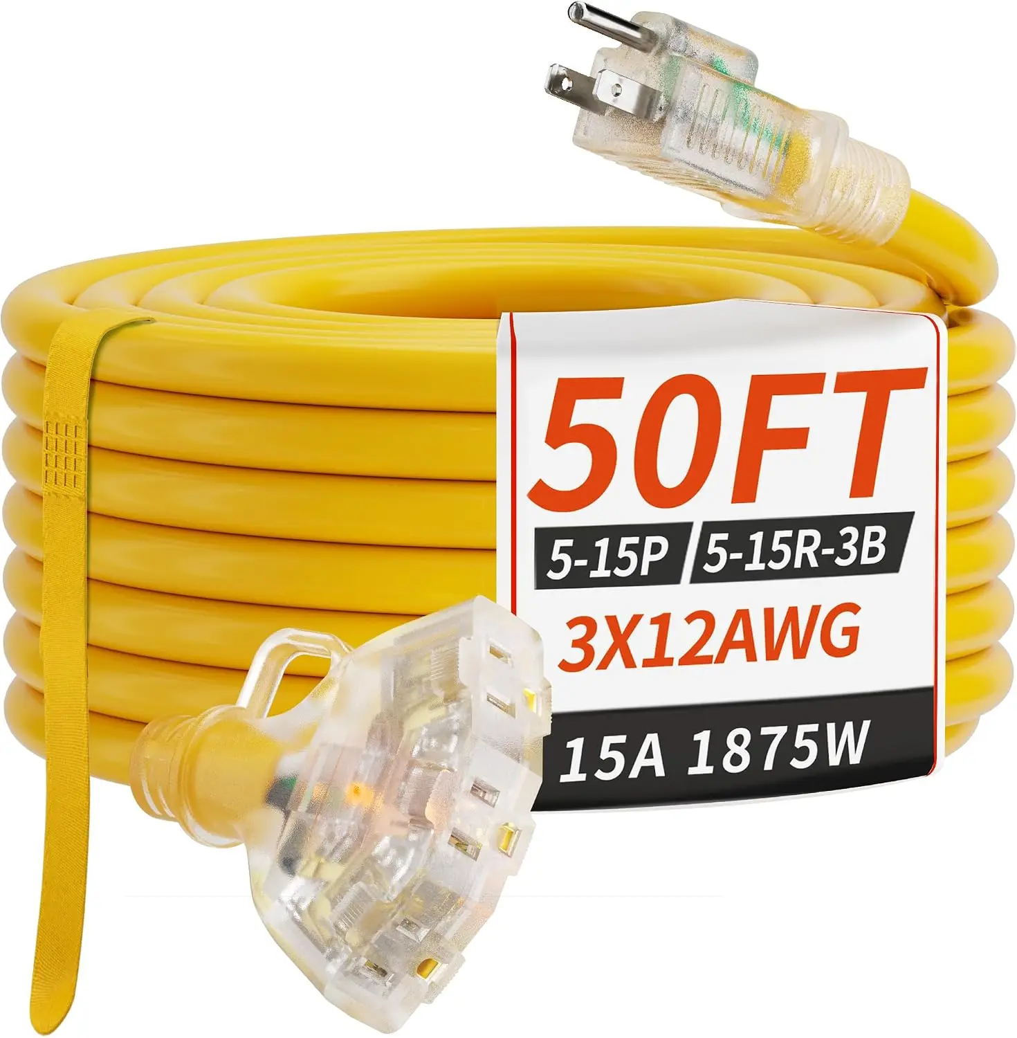 50 FT 12 Gauge Yellow Heavy Duty Outdoor Extension Cord Waterproof