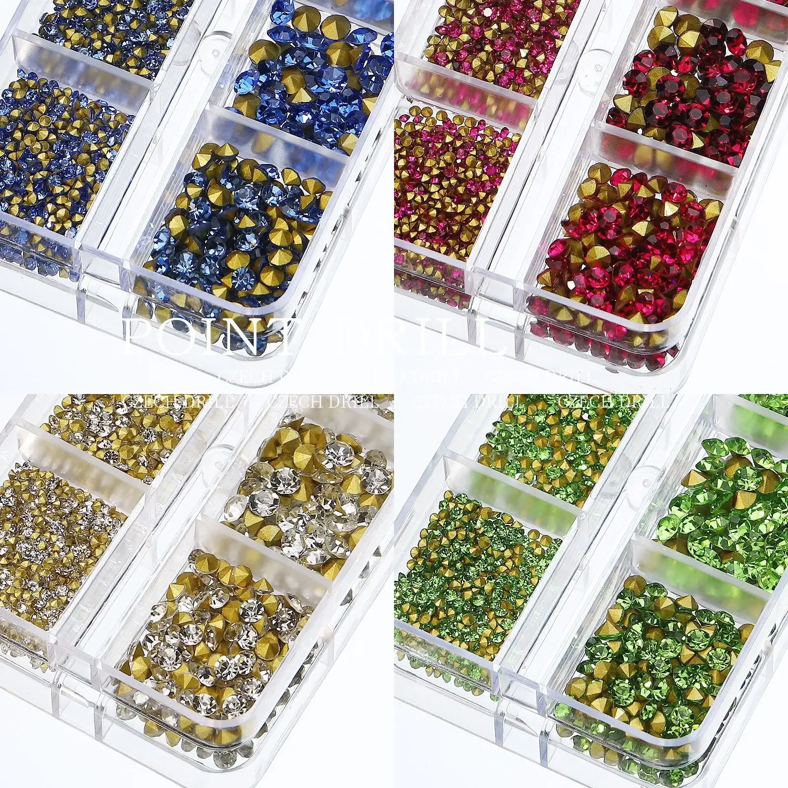 6 Grid Box of Nail Art Rhinestones Strass Gems, Pointed Bottom for UV Gel Polish, DIY 3D Decoration Jewelry