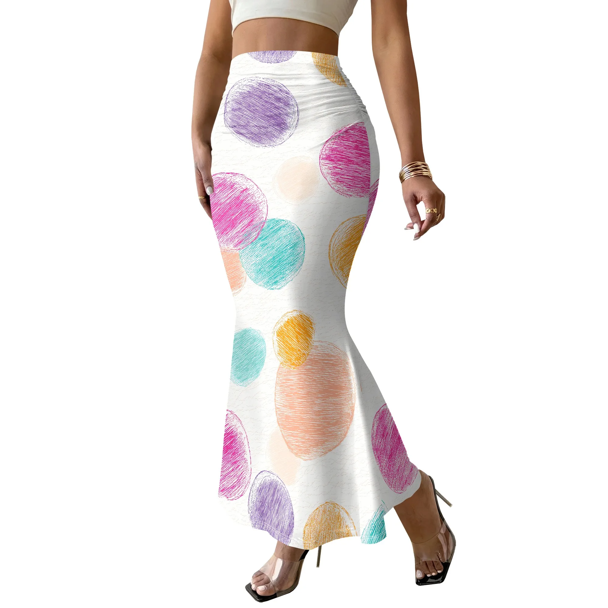 Colorful Circle Print Mermaid Skirt, Pastel Polka Dot Maxi Skirt, Artistic Doodle Design, Summer Beach Vacation Wear, S-3XL