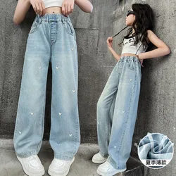 2024 Big Teens Girl Wide-Leg Jeans Kids Girls Heart Embroidery Denim Pants Children Outwear Long Trousers Girl Clothing 4-12Year