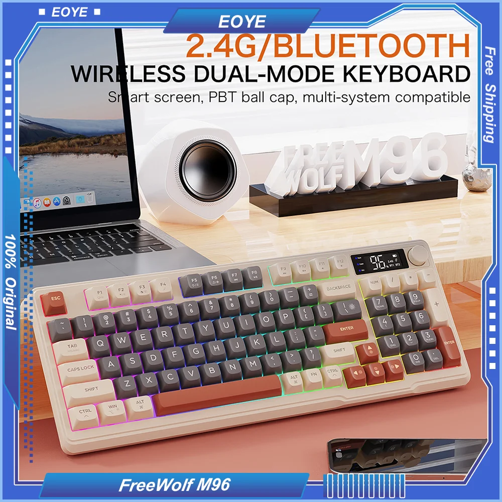 

FreeWolf M96 Wireless Bluetooth Dual Mode Mechanical Feeling Keyboard PBT Ball Cap Display Knob Gasket Ergonomic Office Gaming