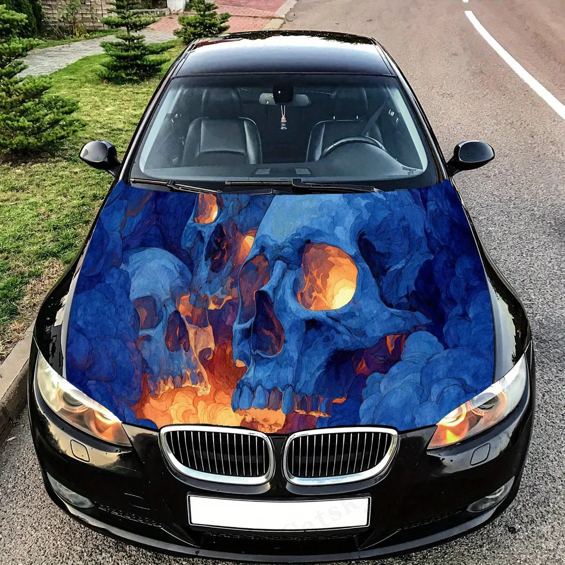 

Мистические сапфировые черепа с пламенем, виниловые наклейки на капот автомобиля, защитная наклейка для наружного вида автомобиля, водонепроницаемая самоклеящаяся автомобильная упаковка