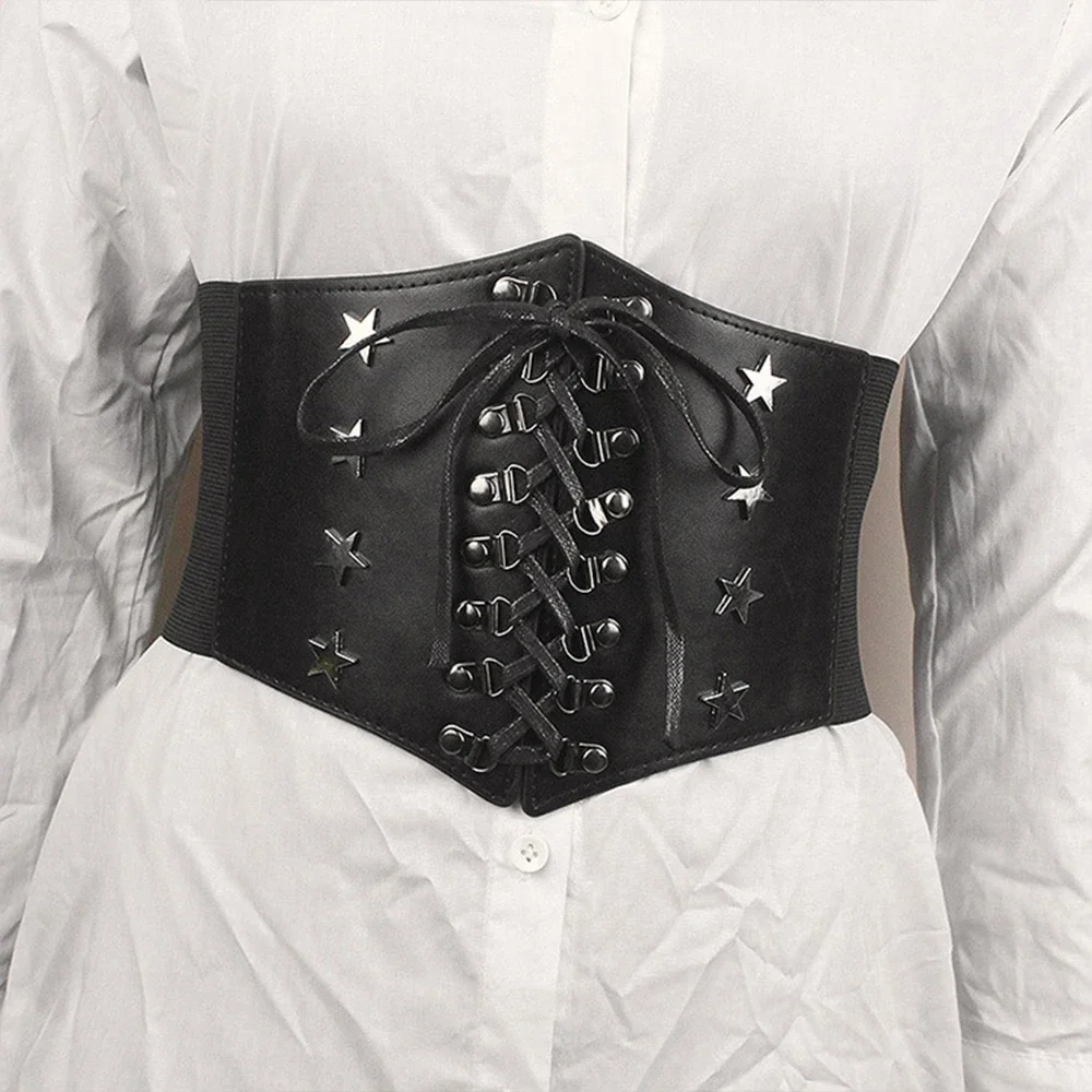 حزام خصر عريض عتيق من الجلد برشام نجوم للنساء ، حزام خصر عتيق ، مشد تنحيف ، جينز القرون الوسطى ، زخرفة فستان ، موضة