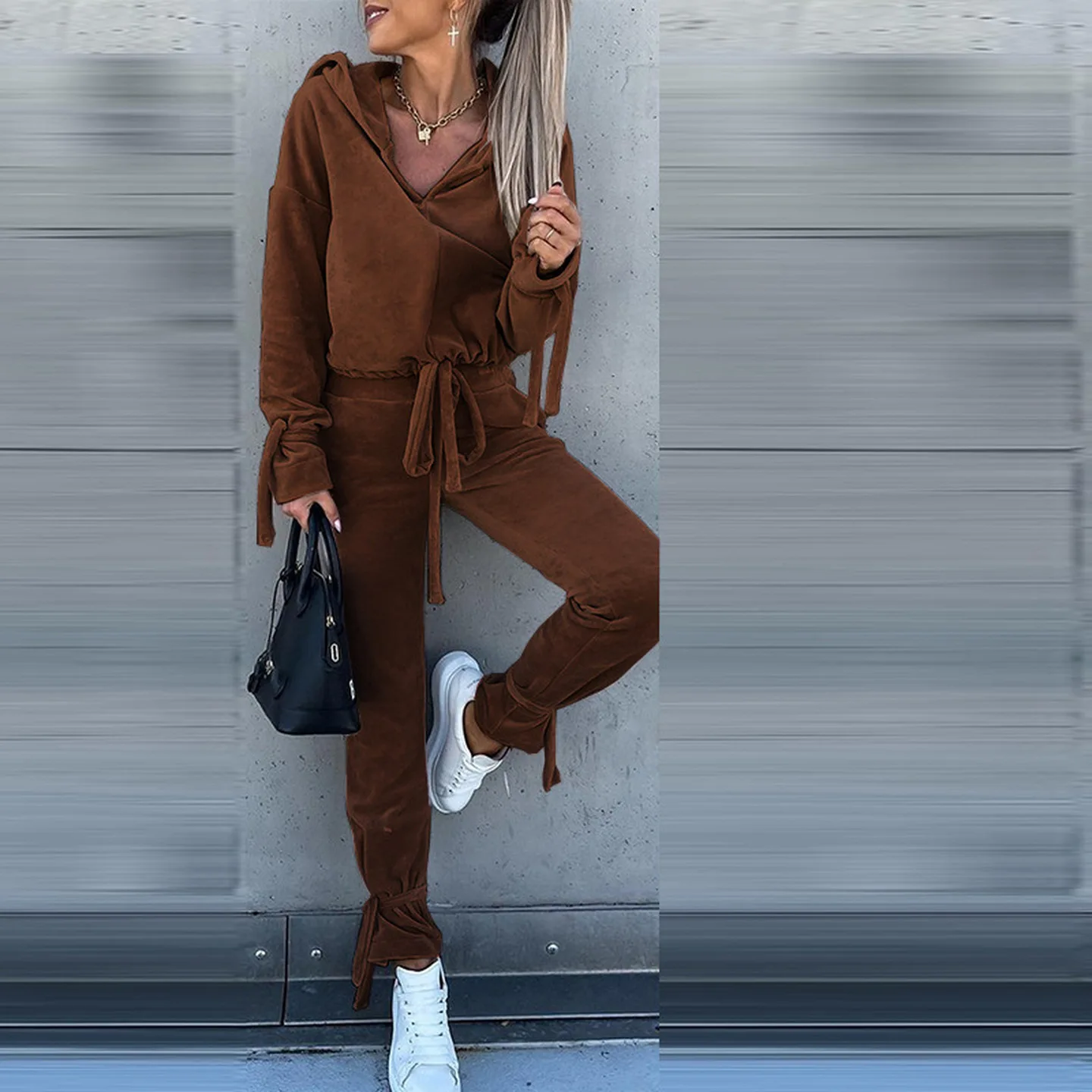 

Hooded Sweatirt Harem Pants Set Casual Two-Piece Women's Faion Ensemble Polyester Winter Collection