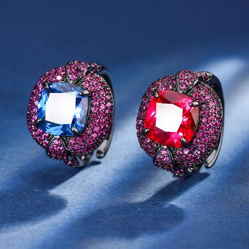 

Black Gold Plating 10mm Red Ruby Blue Spinel Micro Pave Cubic Zircon Adjustable Big Finger Ring