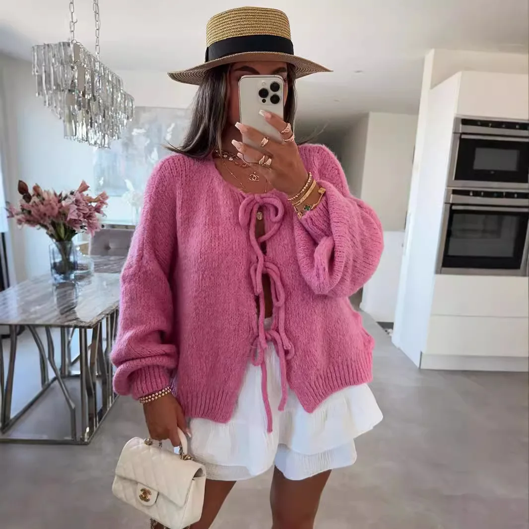 Crewneck Lace-Up Knitted Cardigan Jacket Autumn and Winter New Solid Color Commuter Simple Sweater for Women Ropa Mujer