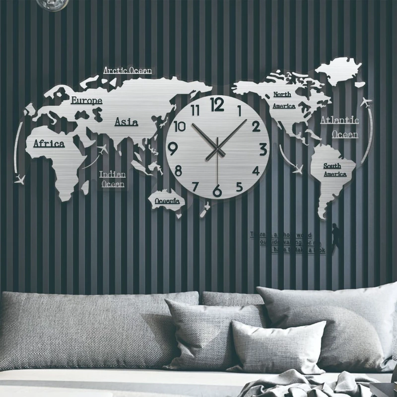 

Creative wall clock mirror world map Internet celebrity decoration living room home fashion European silent hanging