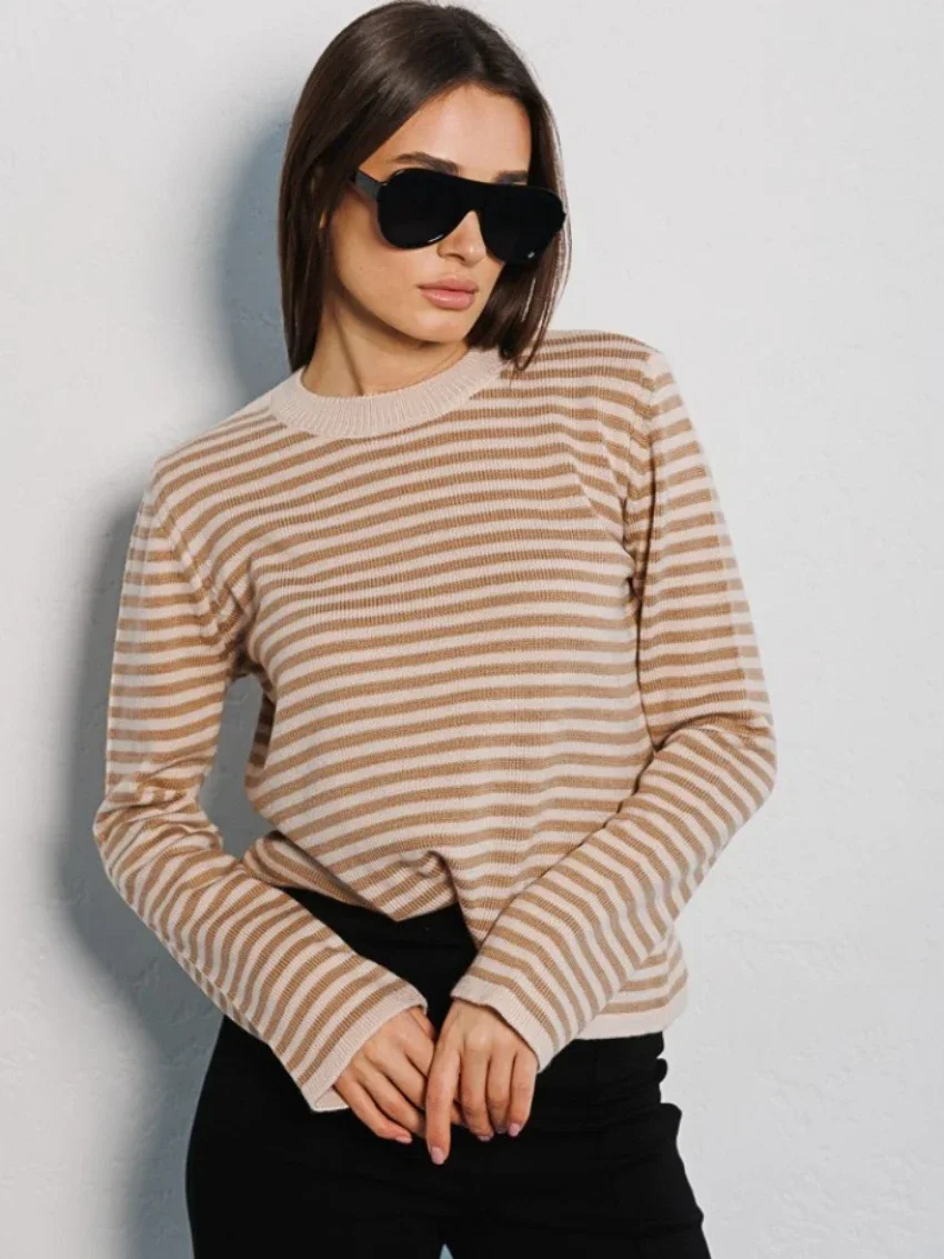 

2025 Comfort Knitted Stripe Sweater Women Autumn Winter Loose Casual Thick Pullovers Female Warm Long-sleeved O Neck Tops Pull