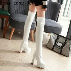 Platform Square Heel Women Over The Knee Boots Fashion Zipper Women Long Boots PU Leather 2025 Winter Boots Black White 34-43
