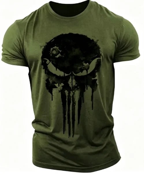 Herren Gothic T-Shirt mit Tintenklecks-Schädel-Druck auf der Vorderseite, Kurzarm-Pullover für den Alltag – Detail 4