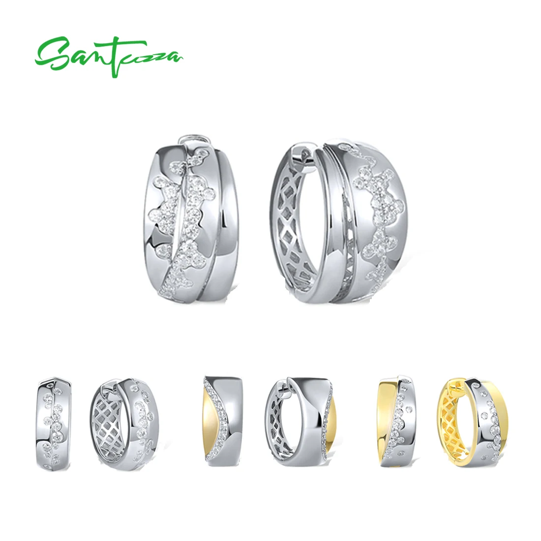 SANTUZZA Pure 925 Sterling Silver Hoop Earrings For Women Sparkling Mixed Geometric Two-Tone Design Wide Band CZ Fine Jewelry