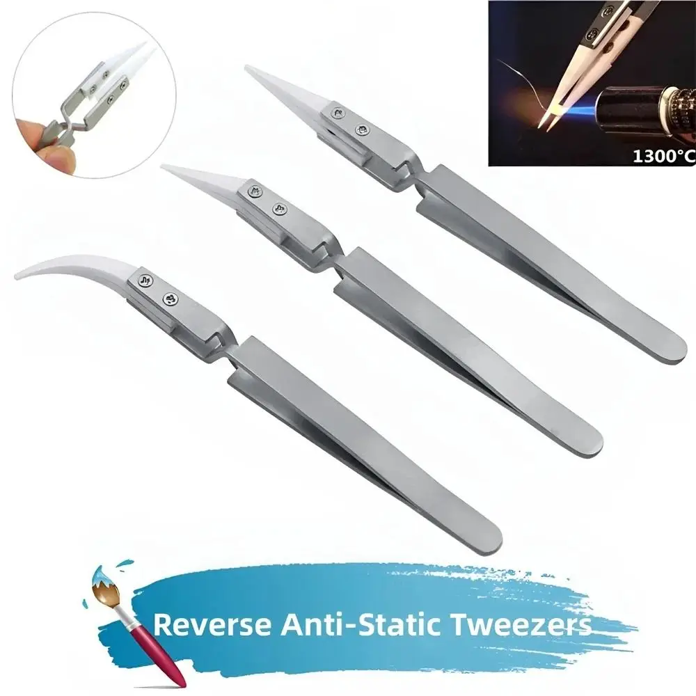 1Pcs Straight Tip Ceramic Tweezer Acid Resistant Precision Chuck Electronic Soldering Tweezers Reverse Pointed Elbow