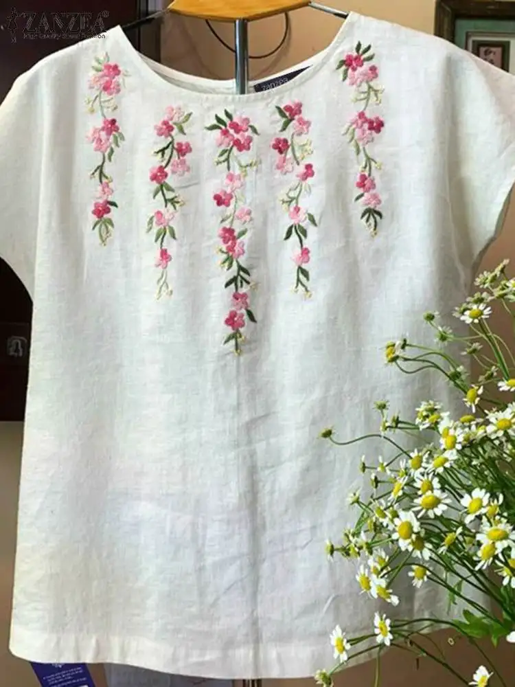 ZANZEA Elegant Floral Embroidery Blouses Women 2024 Summer Casual Short Sleeves O Neck T-shirts Holiday Tunic Tops Femininas