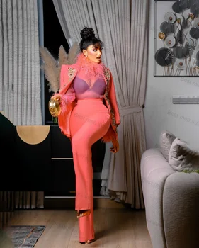 Rosa Frauen Anzug Set Blazer gerade Hose 2 Stück Kristalle Hochzeit Smoking Abschluss ball Jacke maßge schneiderte formelle Büro Mantel (keine Feder)