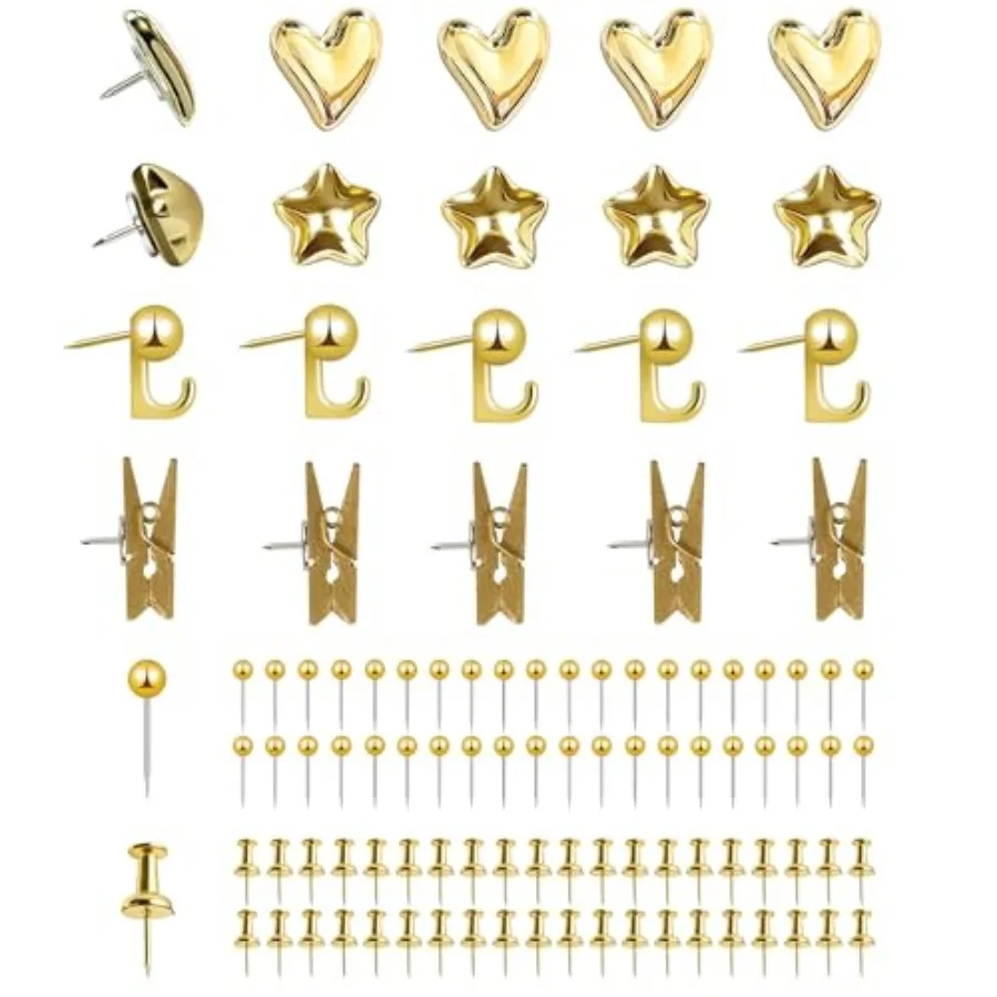 

100 Pcs Gold Push Pins Set, Metal Thumb Tacks, Decorative Push Pins for Cork Board with Hook Clip, 6 Style Office Accessories f