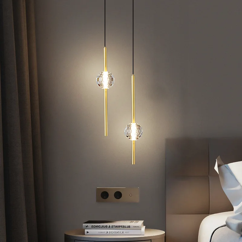 

Modern All-copper Bedside Pendant Light Restaurant Bar Counter Bedroom Study Hotel Nordic Minimalist Long Line Art Hanging Lamps