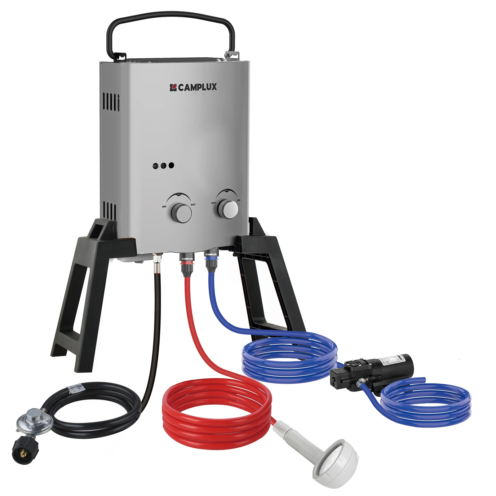 

Gray Portable Tankless Water Heater for RV 1.32 GPM Propane Gas Copper Pump Kit Stand Bag for Outdoor Camping