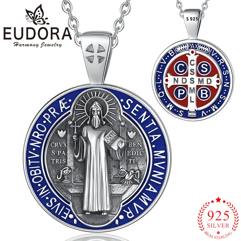 Eudora 925 Sterling Silver Saint Benedict Necklace Enamel Amulet San Benito Pendant Catholicism Jewelry Gift for Men Women