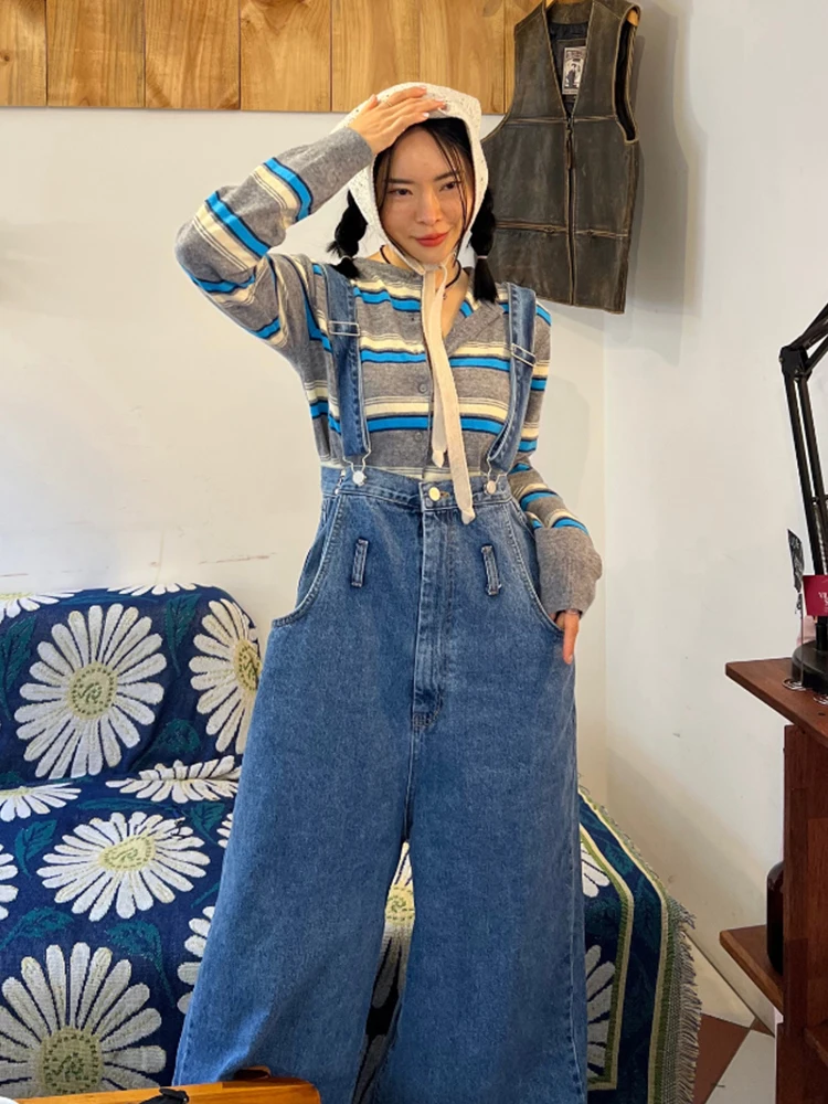 Retro Waed Blue Denim Overalls Damen Frühjahr New Sle Age-Defng Button-Up Trägerhose Hohe Taille Jeans mit weitem Bein