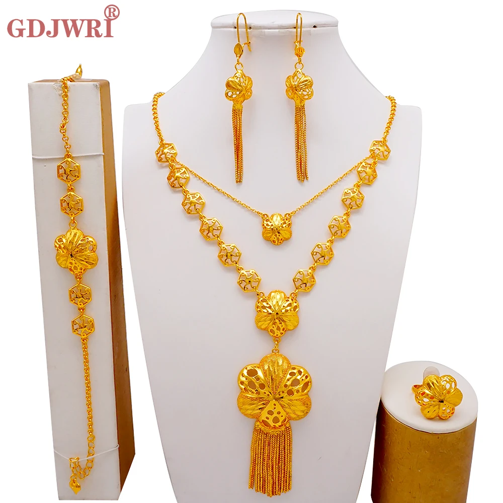 Luxury Copper Dubai Gold Color Flower Long Tassels Necklace Earrings Jewelry Set For Women Ethiopia Wedding De Bijoux Pour Femme