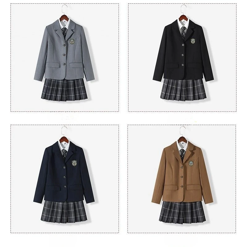 Japanese School Uniform JK Suit Girls Long Blazer Tie Plaid Skirt White Shirt Medal Five-piece Women Sexy Spring and Autumn Suit