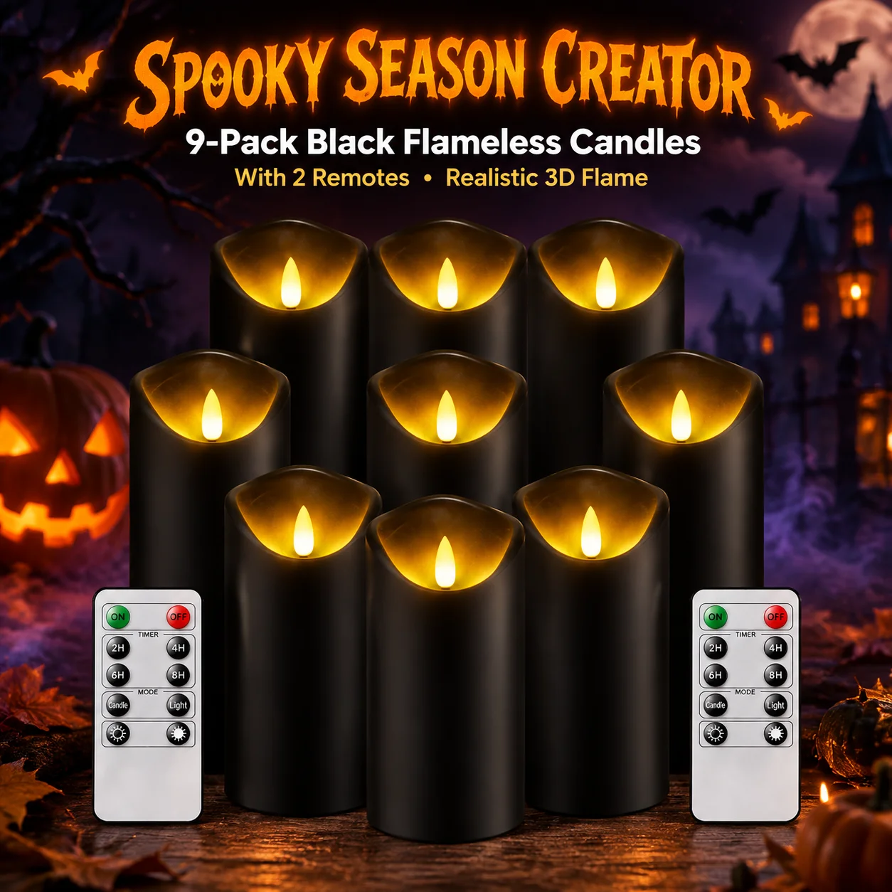 9Pcs Halloween Decorations Black Plastic LED Flameless Pillar Candles Flickering Battery Operated with Remote Control Timer