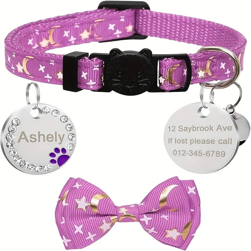 Personalisiertes Katzenhalsband mit Anhänger, Gravur-Namensschild, Halskette für Katzen, Welpen, Kätzchen, Glocke, Fliege, Maßgefertigtes Kleines Hundehalsband – Detail 2