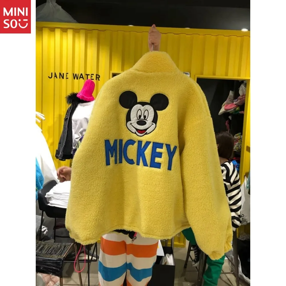 Disney 2025 Wiosna i Jesień Nowa Kreskówkowa Kurtka z Grubego Polaru z Motywem Myszki Miki dla Kobiet, Luźny Krój, Odzież Damska
