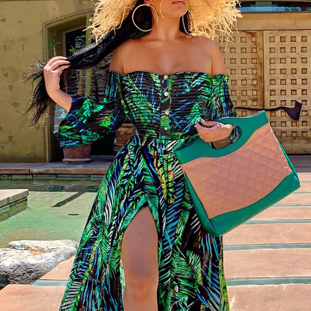 

Bohemia Full Leaves Print Women Dress Sexy Off Shoulder High Split Summer Autumn Beach Dress Long Sleeve Vacation Maxi Dresses