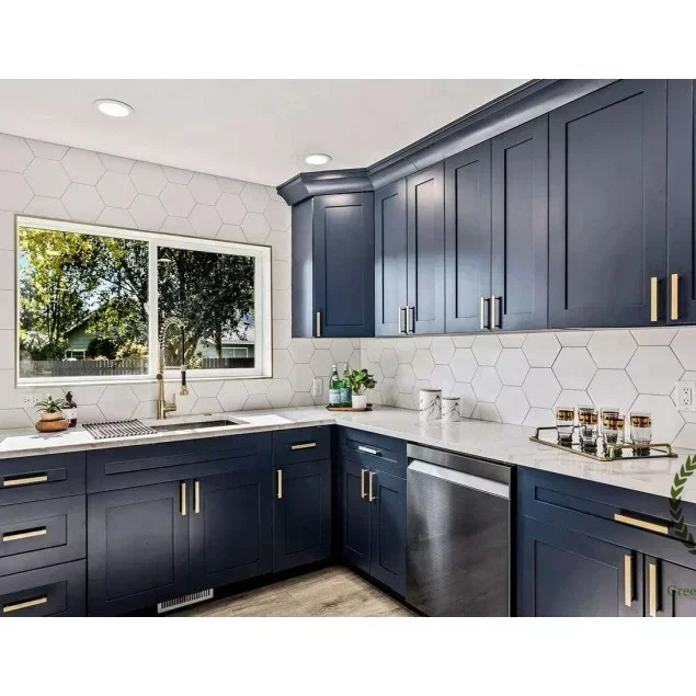 Pre-assembled 2Pac Lacquer Finished Moisture Proof Kitchen Cupboard Furniture Blue Shaker Style Kitchen Cabinets