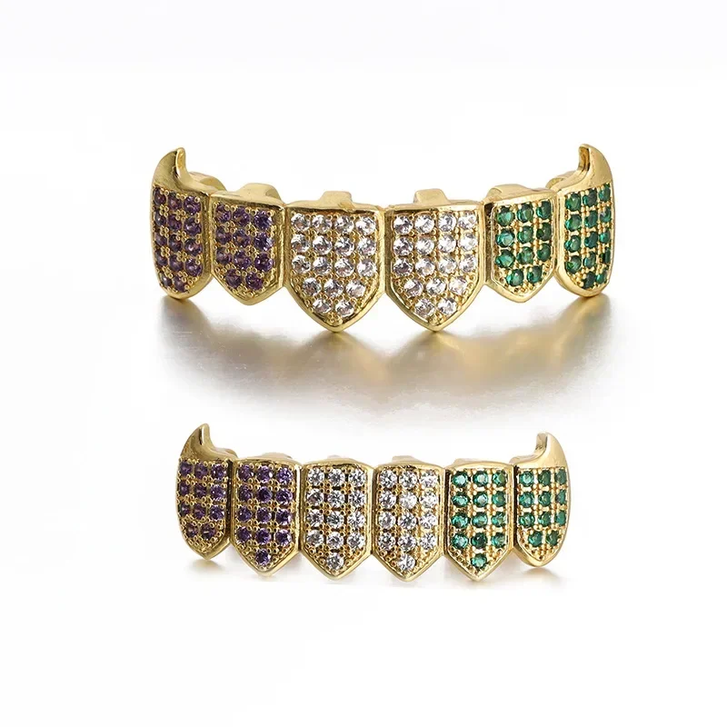 

Colorful Full Iced Hip Hop Teeth Grillz Caps Bling Cubic Zircon Micro Pave Charm Grills Set Top & Bottom for Men Women Jewelry