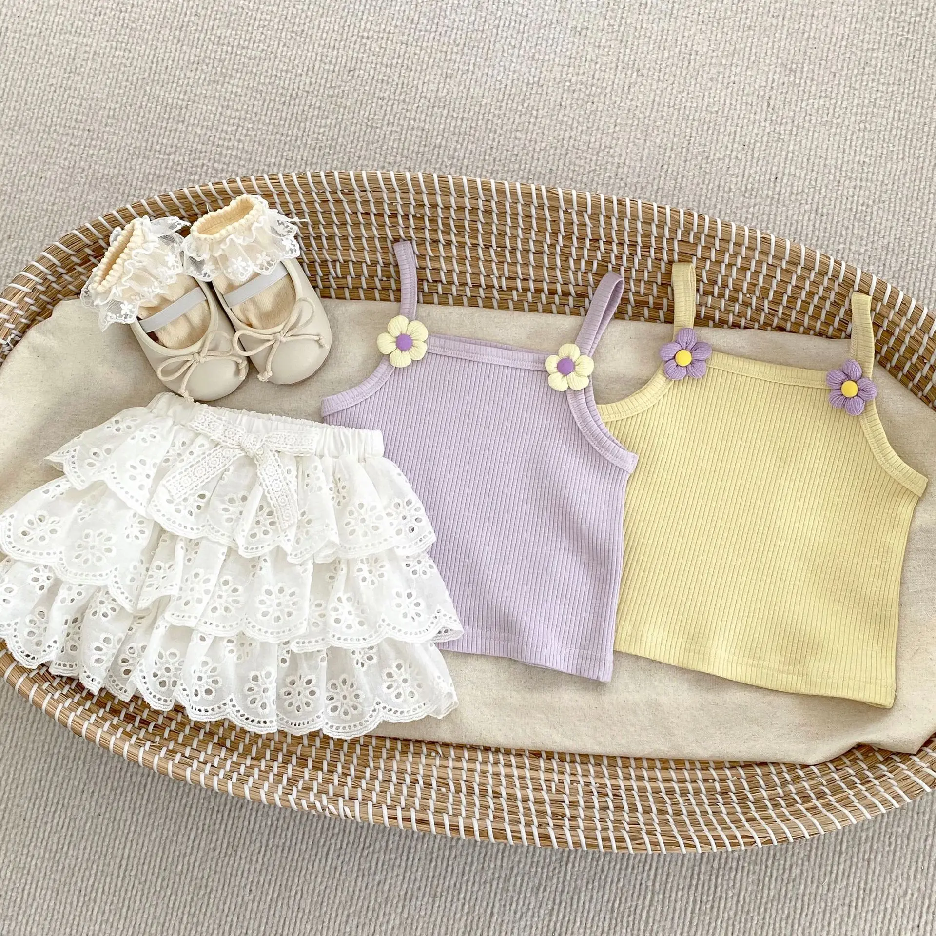 Ins Girls Sleeveless Set Summer Thin Baby Girl Tank Top Lace Cake Princess Skirt Pants Two Piece Set