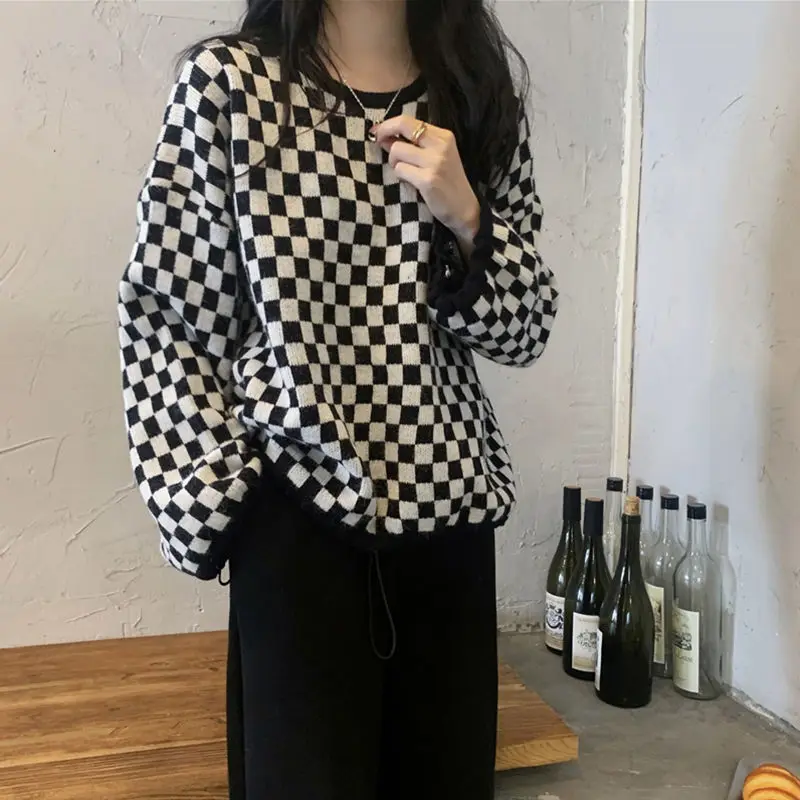 بلوفرات نسائية برقبة دائرية منقوشة بتصميم كلاسيكي كسول للخريف والشتاء رائجة البيع أنيقة وملصقة عصرية للشارع Y2k ريترو فرنسي #3