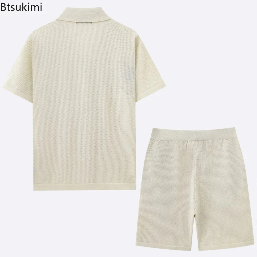 Fashion New Men's Summer Ice Silk Knitted 2-pieces Cuban Collar Short Sleeve Shirt and Shorts Male Beach Casual Vacation Outfits